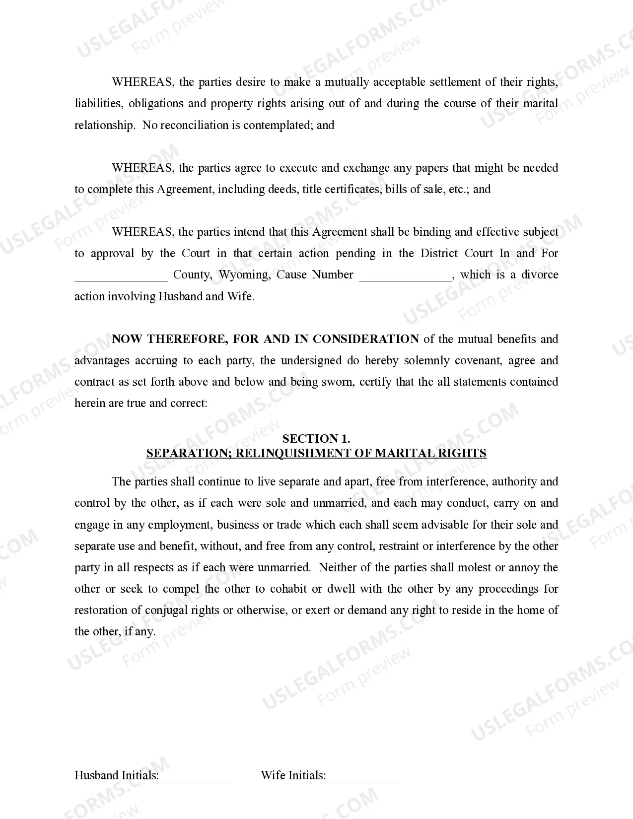 Preview Marital Domestic Separation and Property Settlement Agreement for persons with No Children, No Joint Property or Debts where Divorce Action Filed