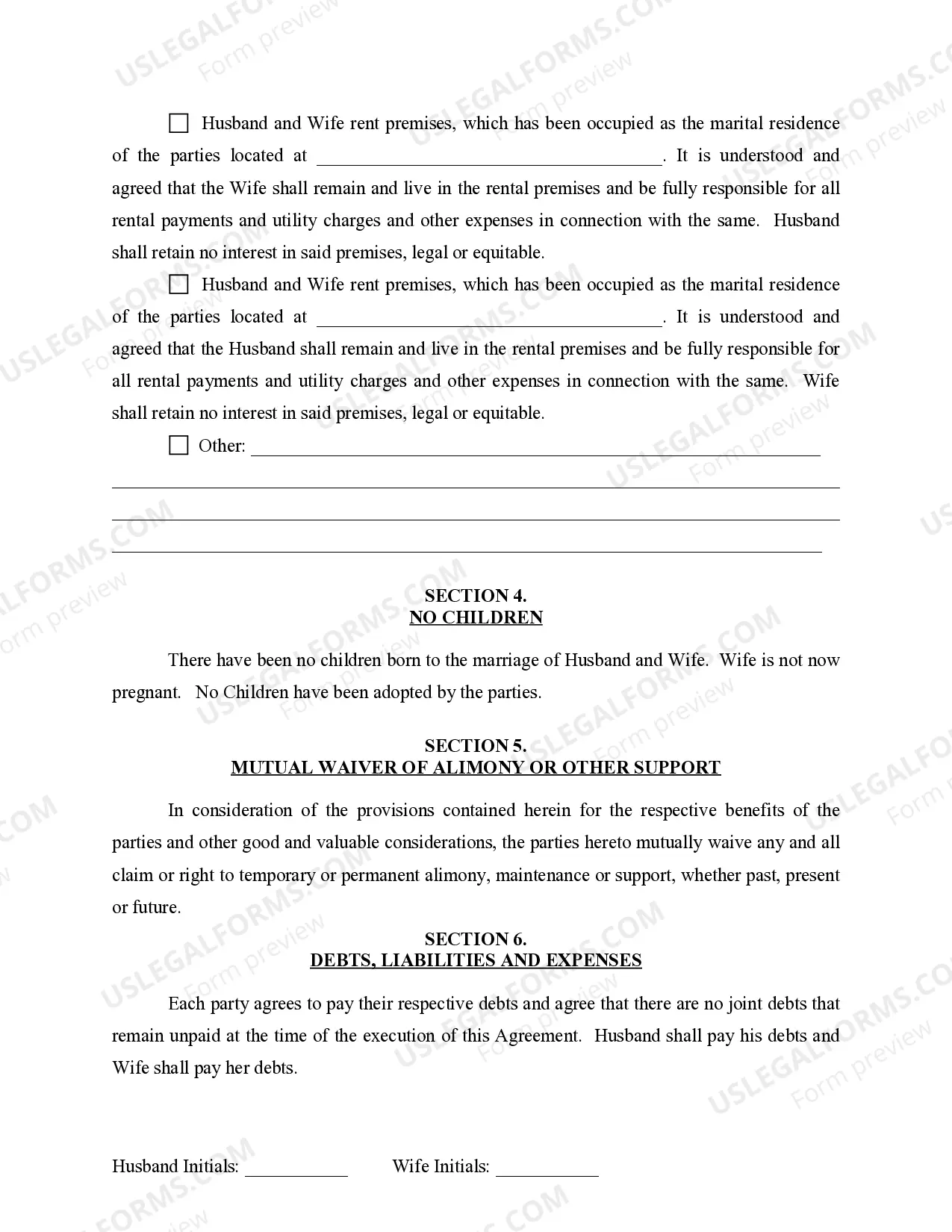 Preview Marital Domestic Separation and Property Settlement Agreement for persons with No Children, No Joint Property or Debts where Divorce Action Filed