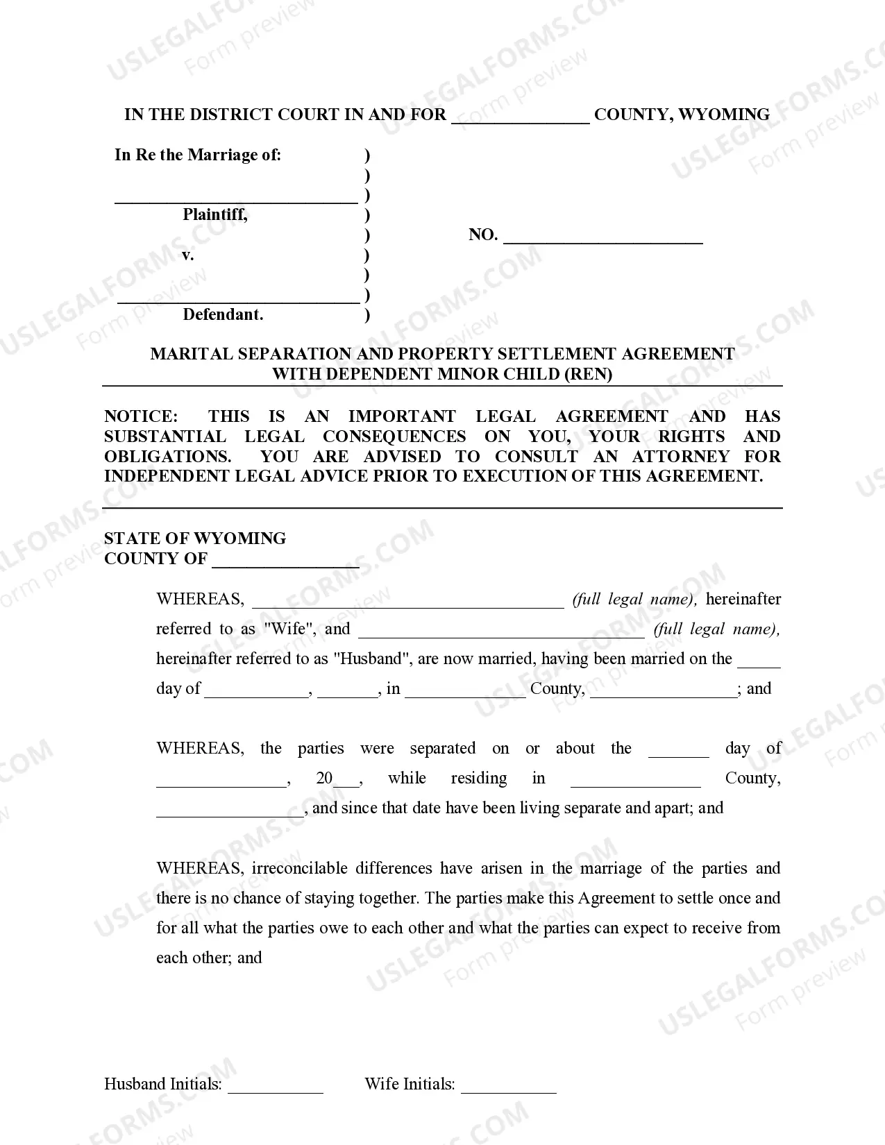 Preview Marital Domestic Separation and Property Settlement Agreement Minor Children no Joint Property or Debts where Divorce Action Filed