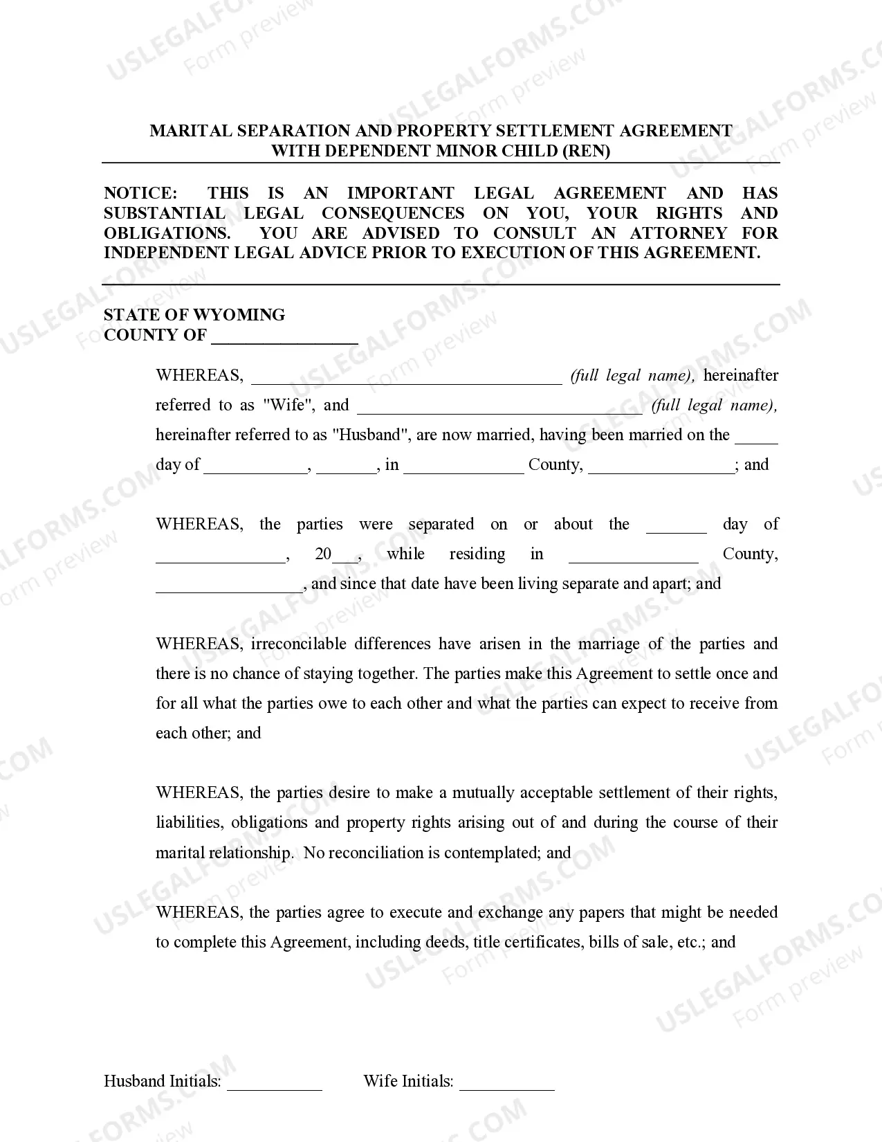 Preview Marital Domestic Separation and Property Settlement Agreement Minor Children no Joint Property or Debts effective Immediately