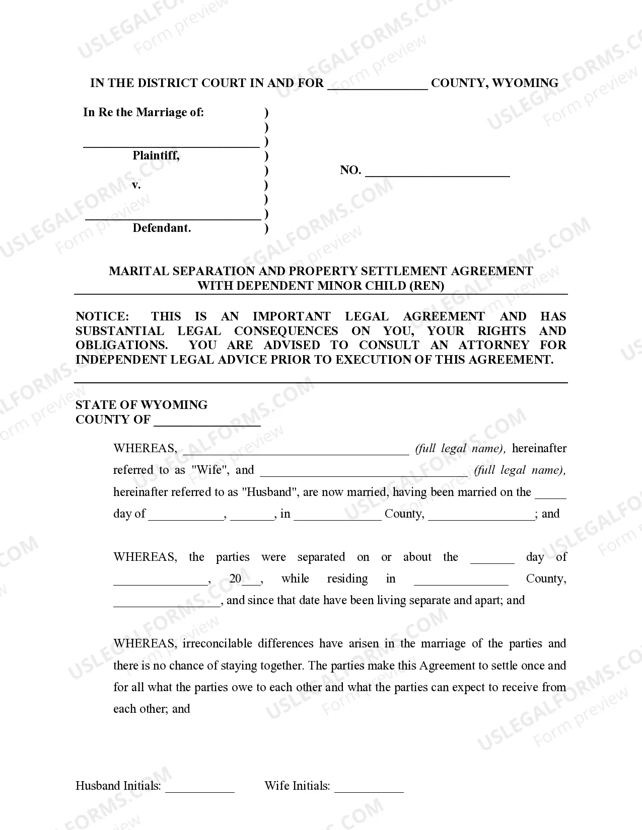 Preview Marital Domestic Separation and Property Settlement Agreement Minor Children Parties May have Joint Property or Debts where Divorce Action Filed
