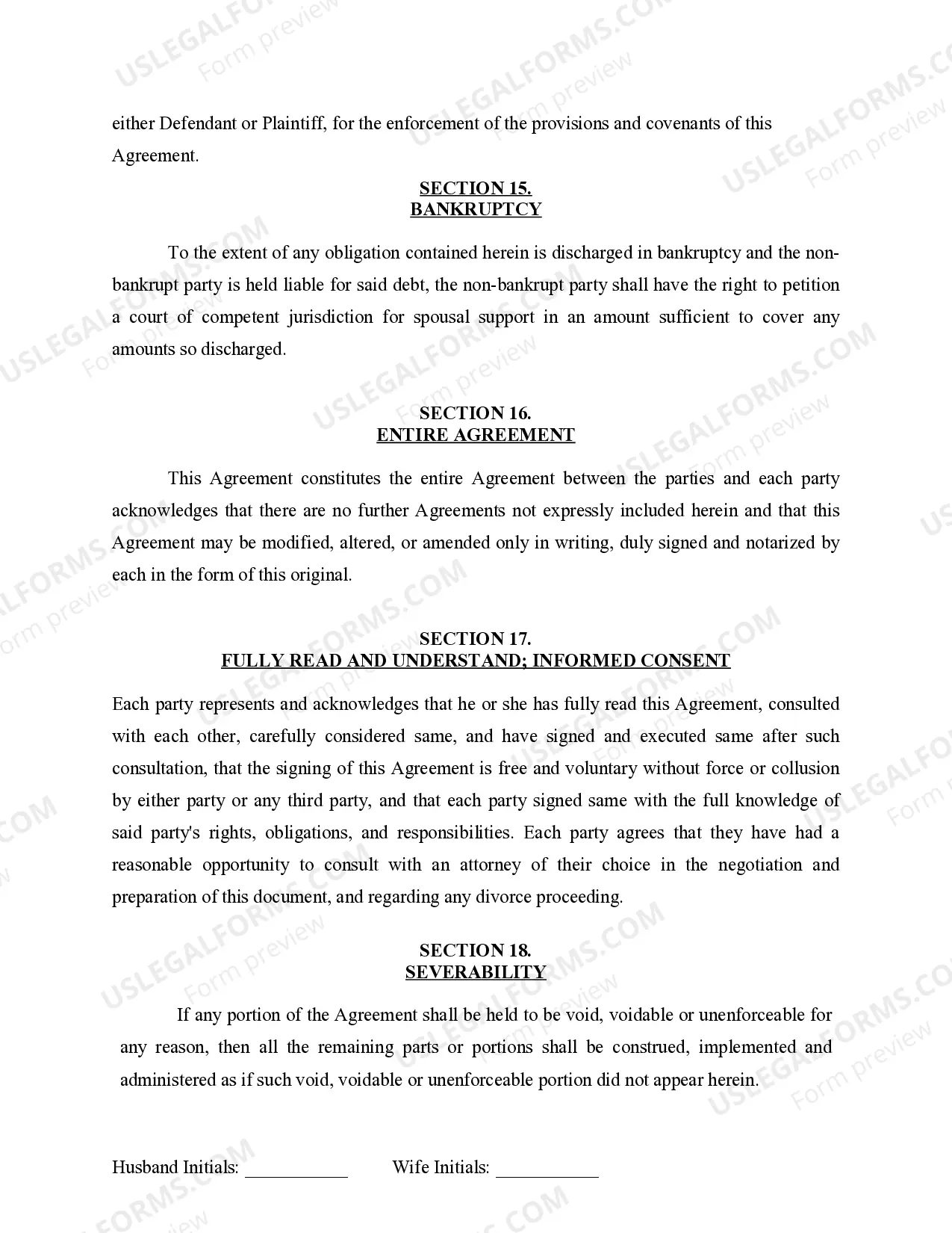 Preview Marital Domestic Separation and Property Settlement Agreement for persons with no Children, no Joint Property, or Debts Effective Immediately