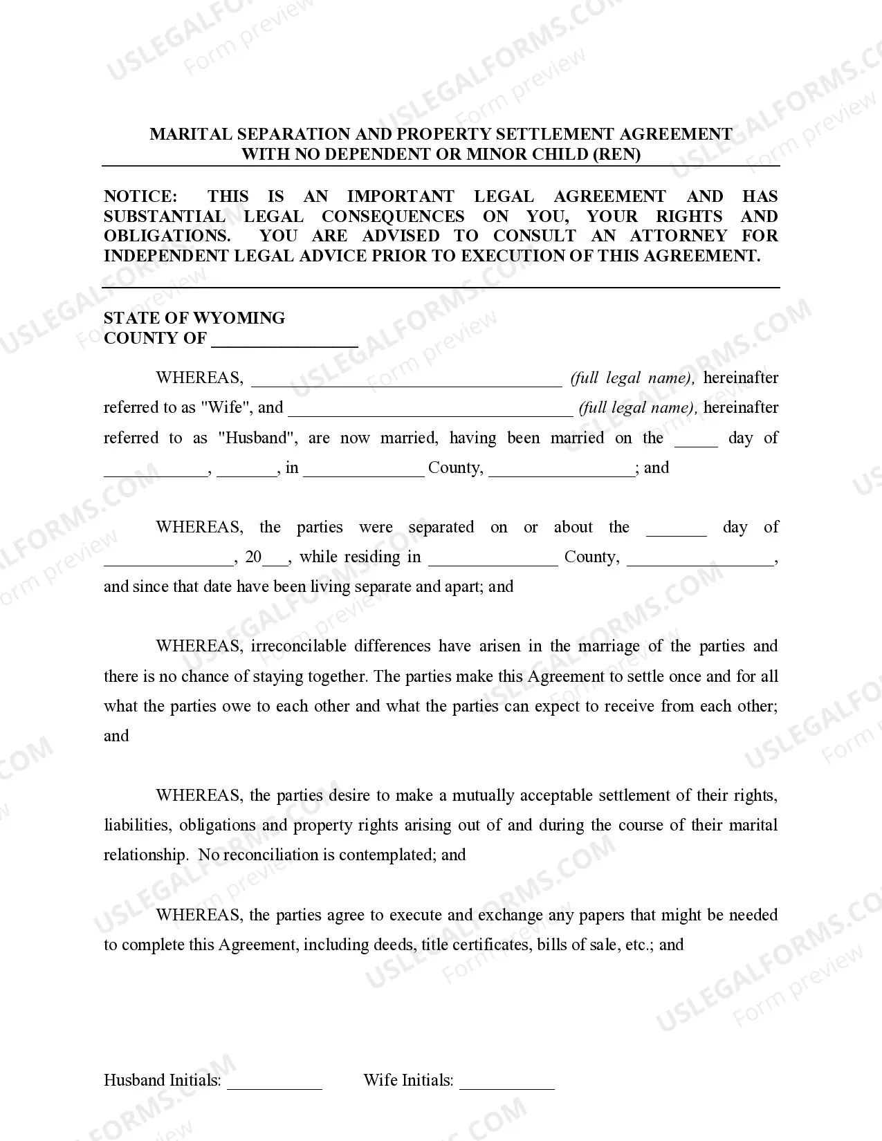 Preview Marital Domestic Separation and Property Settlement Agreement for persons with no Children, no Joint Property, or Debts Effective Immediately