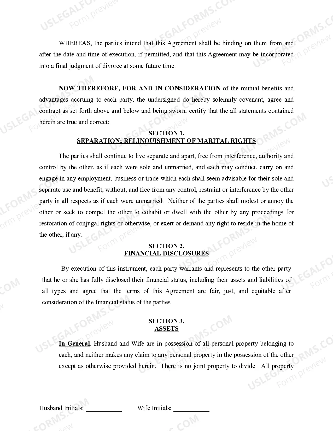 Preview Marital Domestic Separation and Property Settlement Agreement for persons with no Children, no Joint Property, or Debts Effective Immediately