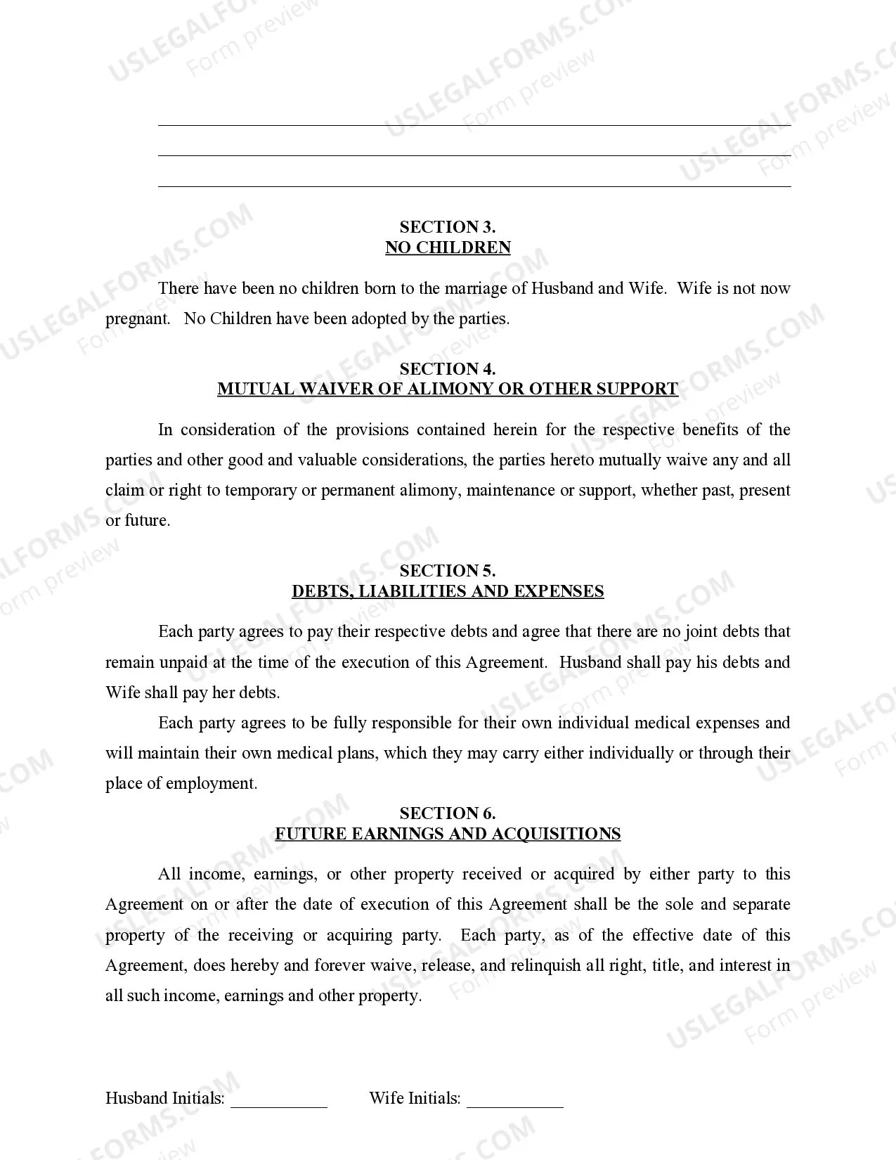 Preview Marital Domestic Separation and Property Settlement Agreement for persons with no Children, no Joint Property, or Debts Effective Immediately