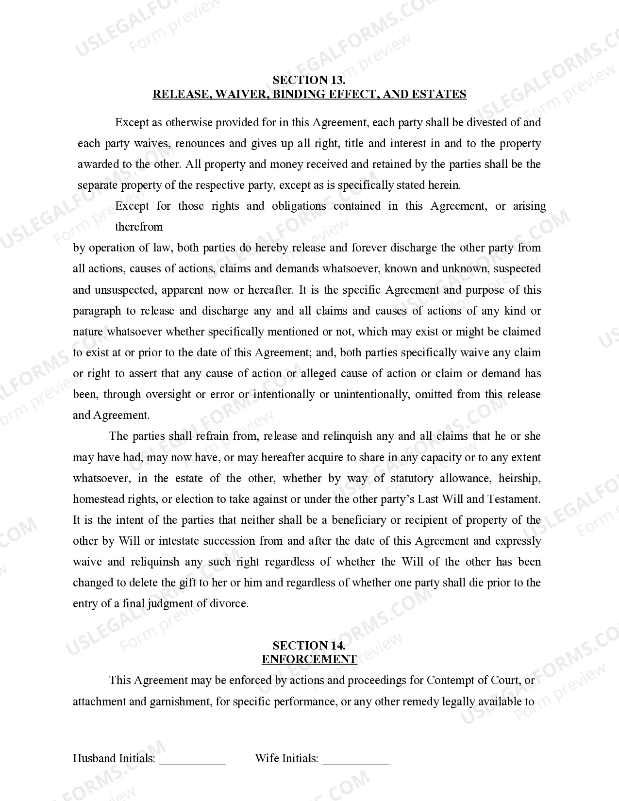 Preview Marital Domestic Separation and Property Settlement Agreement for persons with no Children, no Joint Property, or Debts Effective Immediately