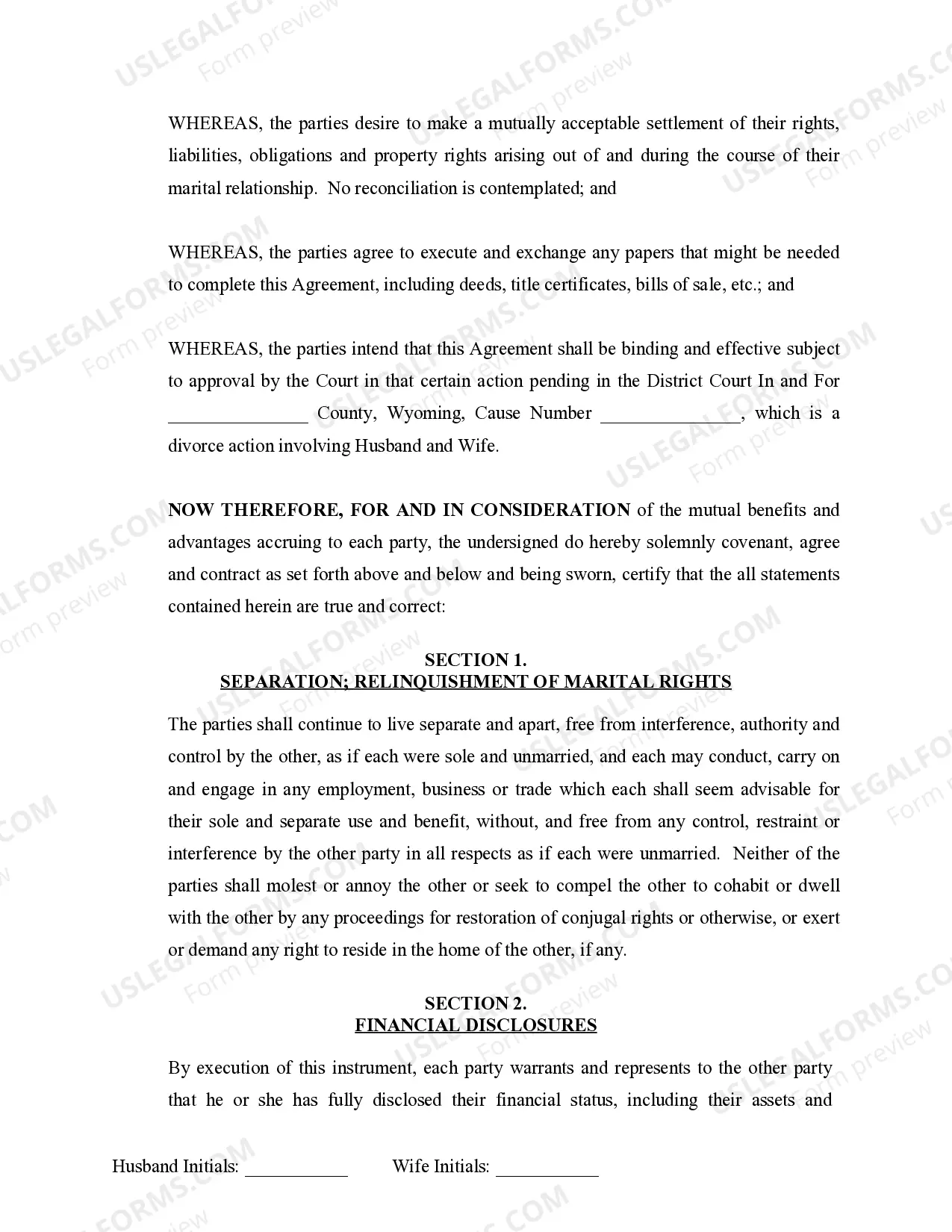 Preview Marital Domestic Separation and Property Settlement Agreement no Children parties may have Joint Property or Debts where Divorce Action Filed