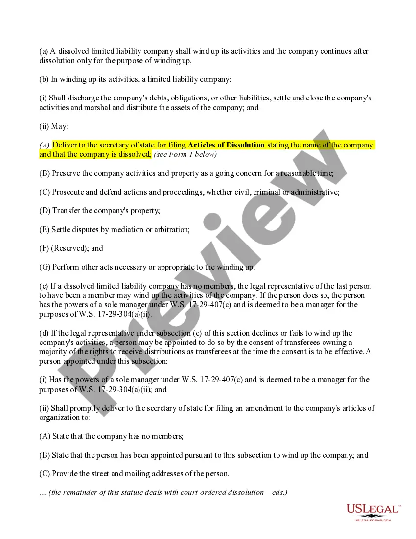 Get Wyoming Dissolution Package to Dissolve Limited Liability Company LLC Preview Wyoming Dissolution Package to Dissolve Limited Liability Company LLC