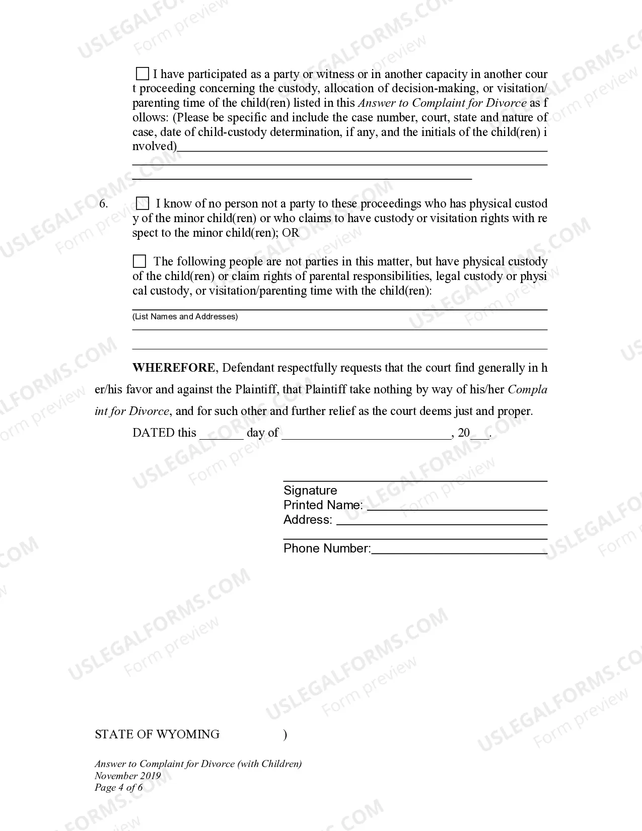 Preview DWCD 5. Answer to Complaint for Divorce with Children