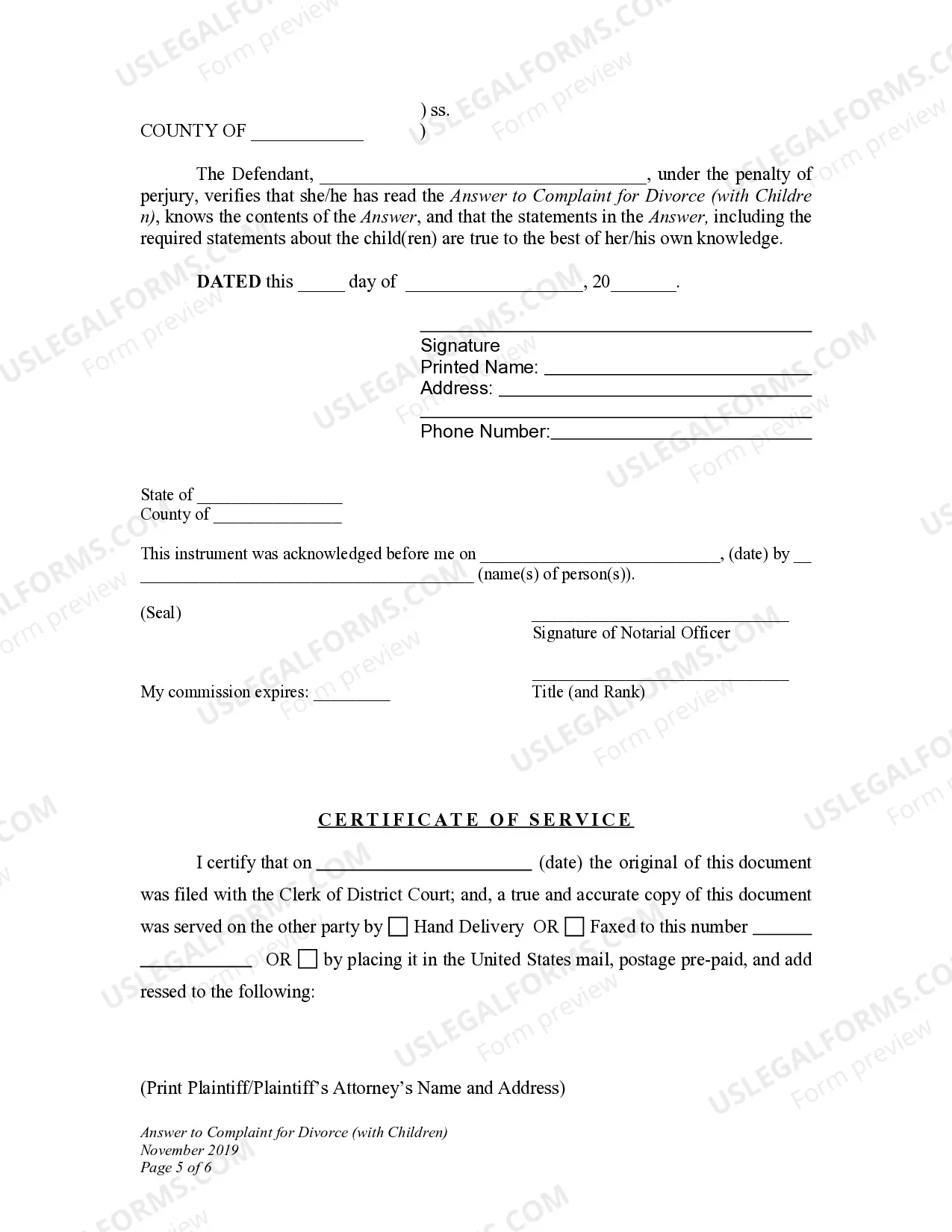 Preview DWCD 5. Answer to Complaint for Divorce with Children
