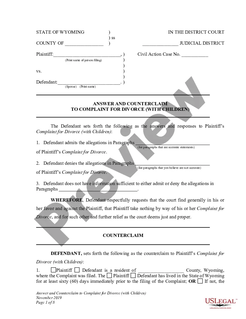 Wyoming Answer And Counterclaim To Complaint For Divorce - Divorce 