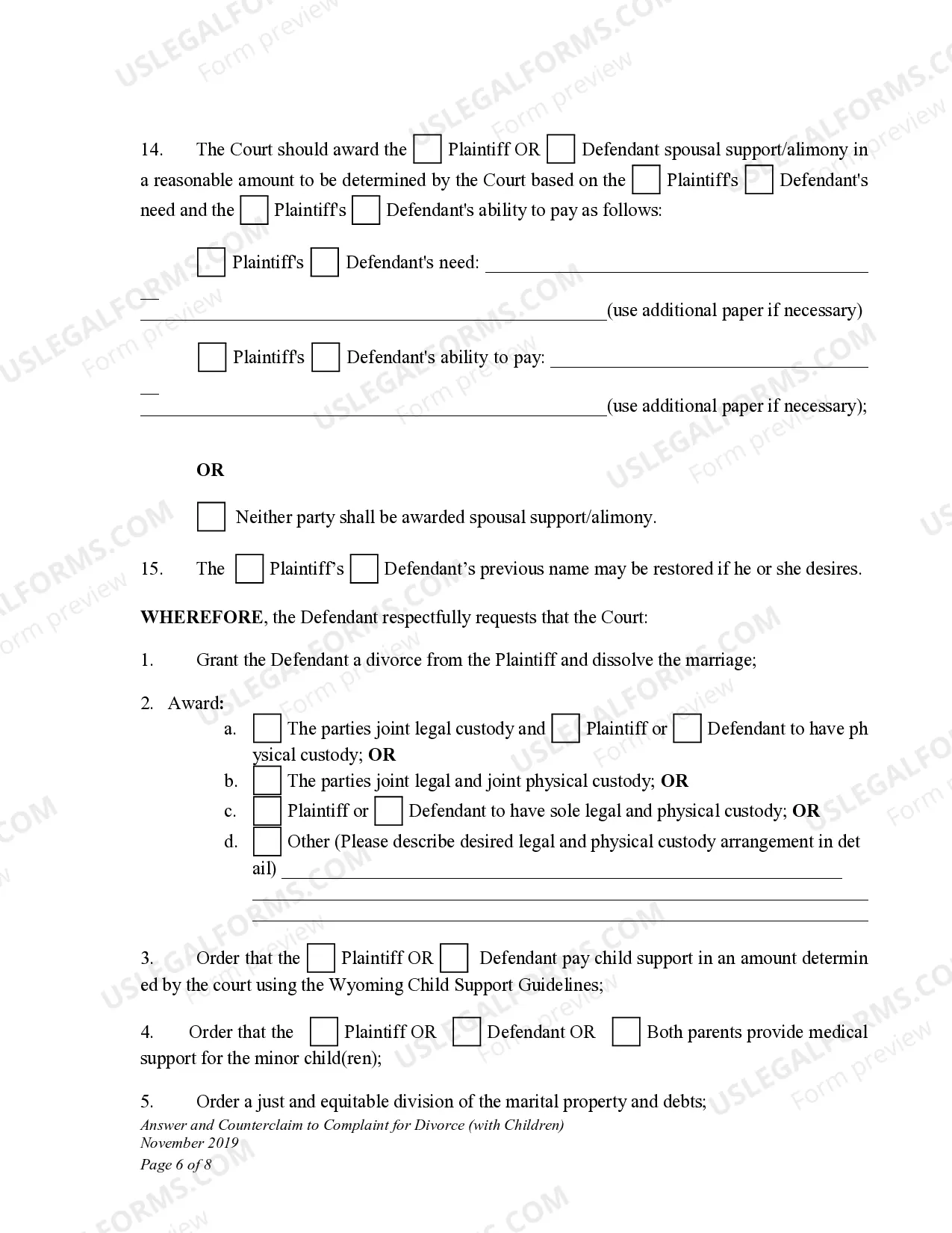 Preview DWCD 6. Answer and Counterclaim to Complaint for Divorce with Children