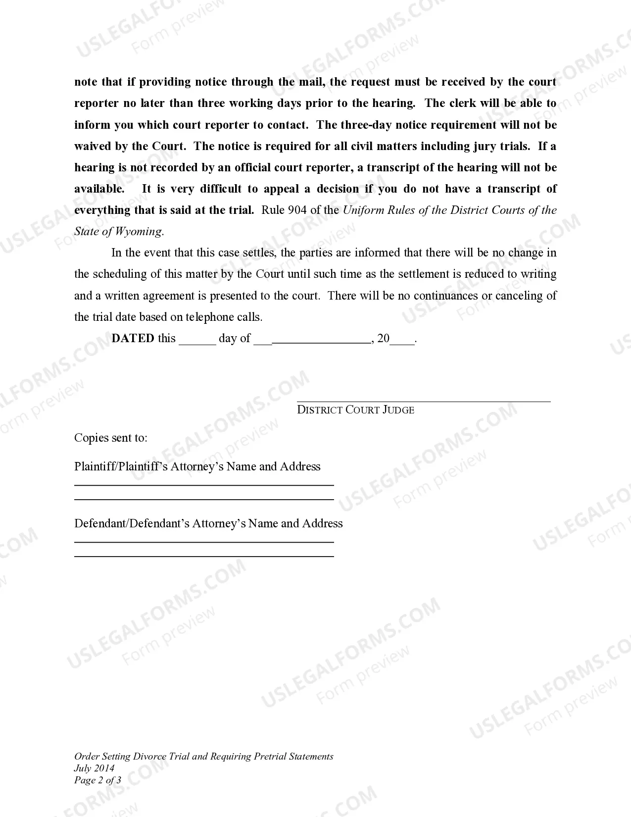Preview DWCD 10. Order Setting Divorce Trial and Requiring Pretrial Statements