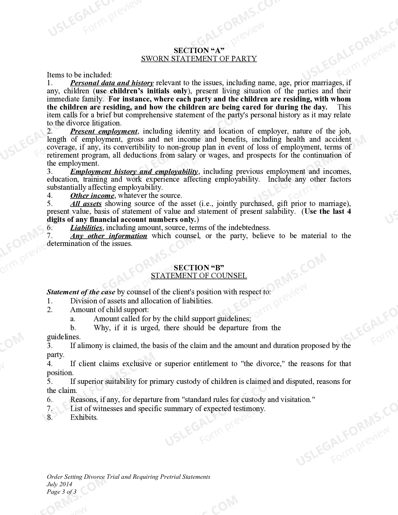 Preview DWCD 10. Order Setting Divorce Trial and Requiring Pretrial Statements