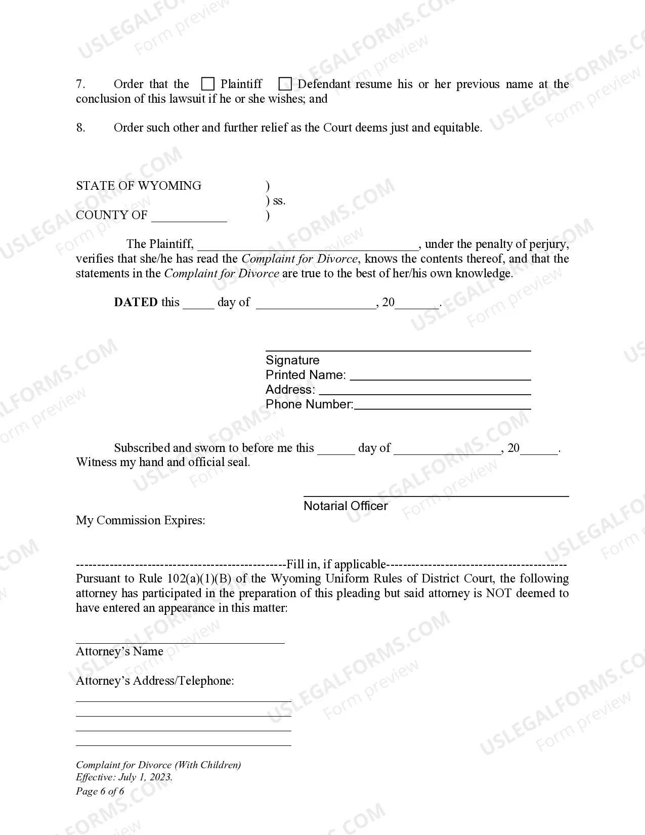 Preview DWCP 7. Complaint for Divorce (with Children)