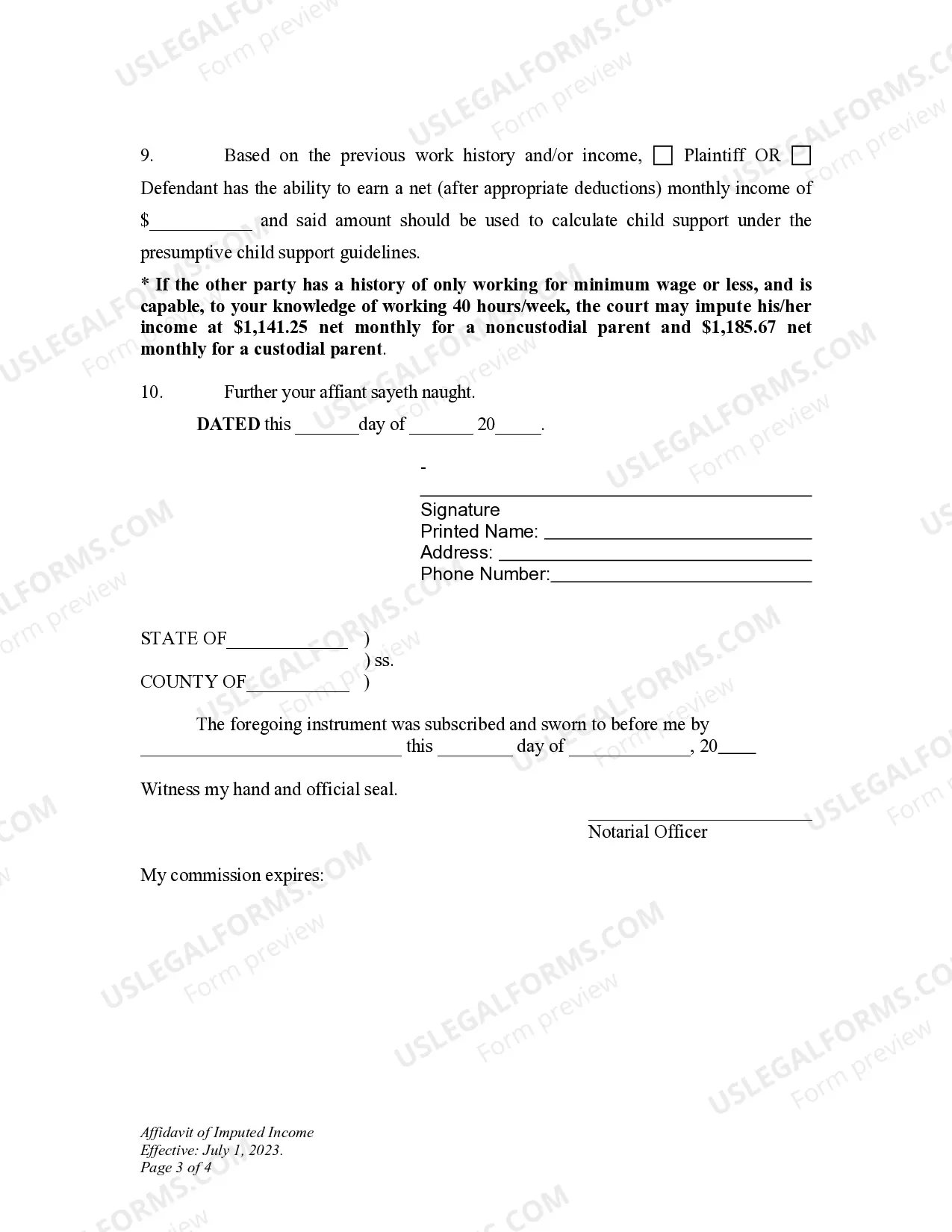 Preview DWCP 13. Affidavit of Imputed Income