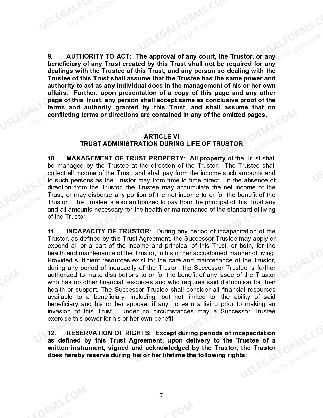 Preview Living Trust for Individual Who is Single, Divorced or Widow or Widower with No Children