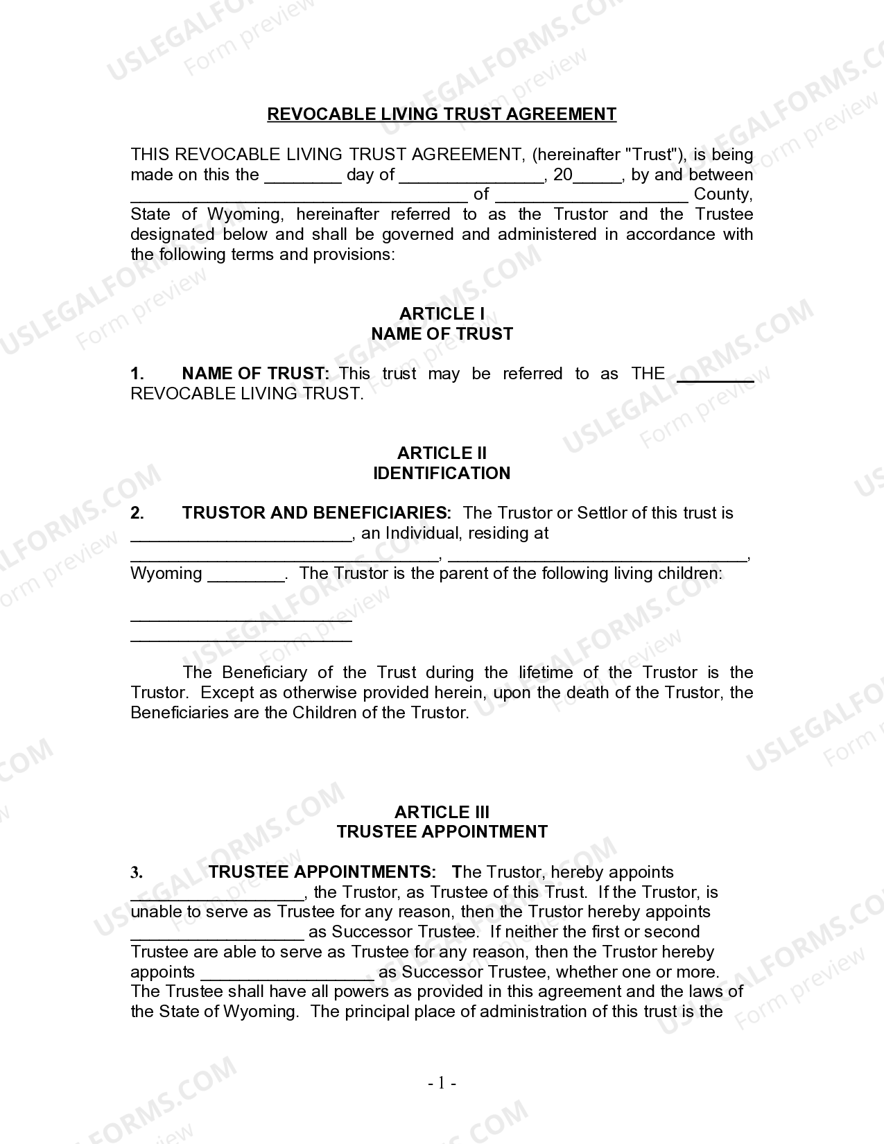 Wyoming Living Trust for Individual Who is Single Wyoming Trust US