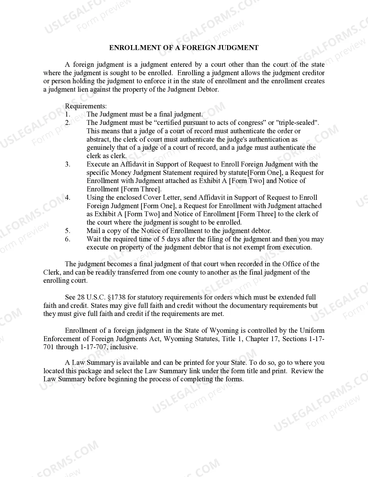 Preview Wyoming Foreign Judgment Enrollment