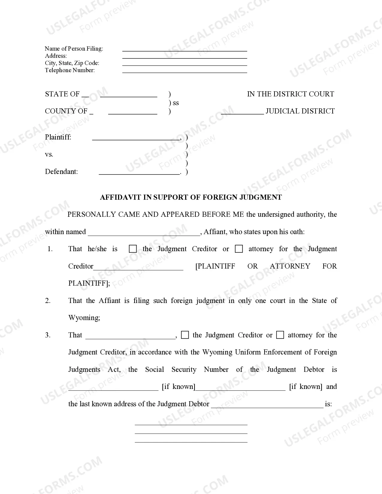 Preview Wyoming Foreign Judgment Enrollment