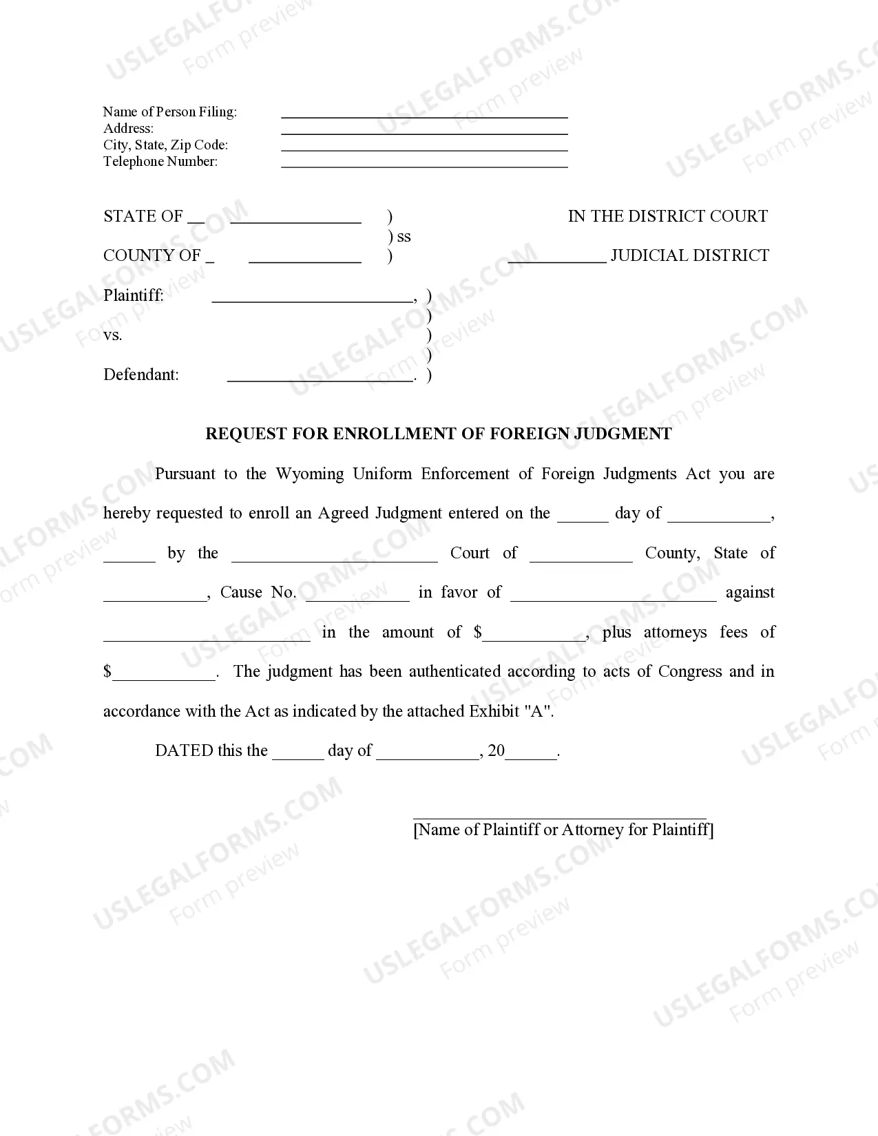 Preview Wyoming Foreign Judgment Enrollment