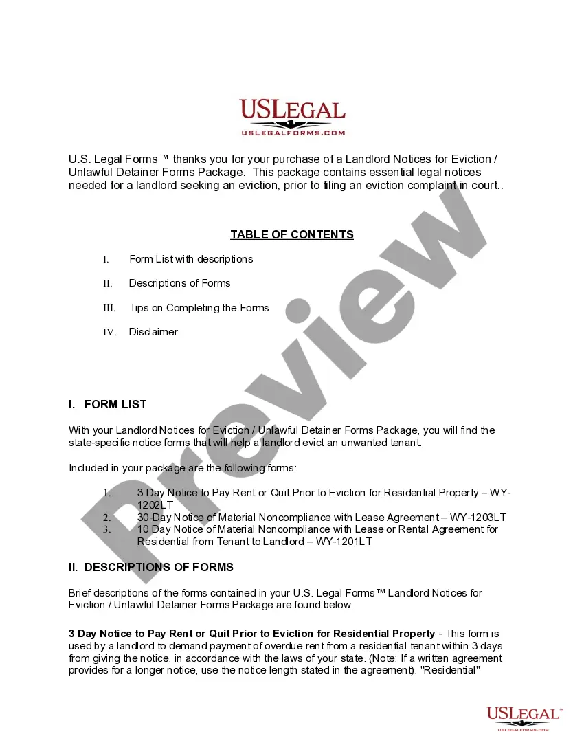 Preview Wyoming Landlord Notices for Eviction / Unlawful Detainer Forms Package