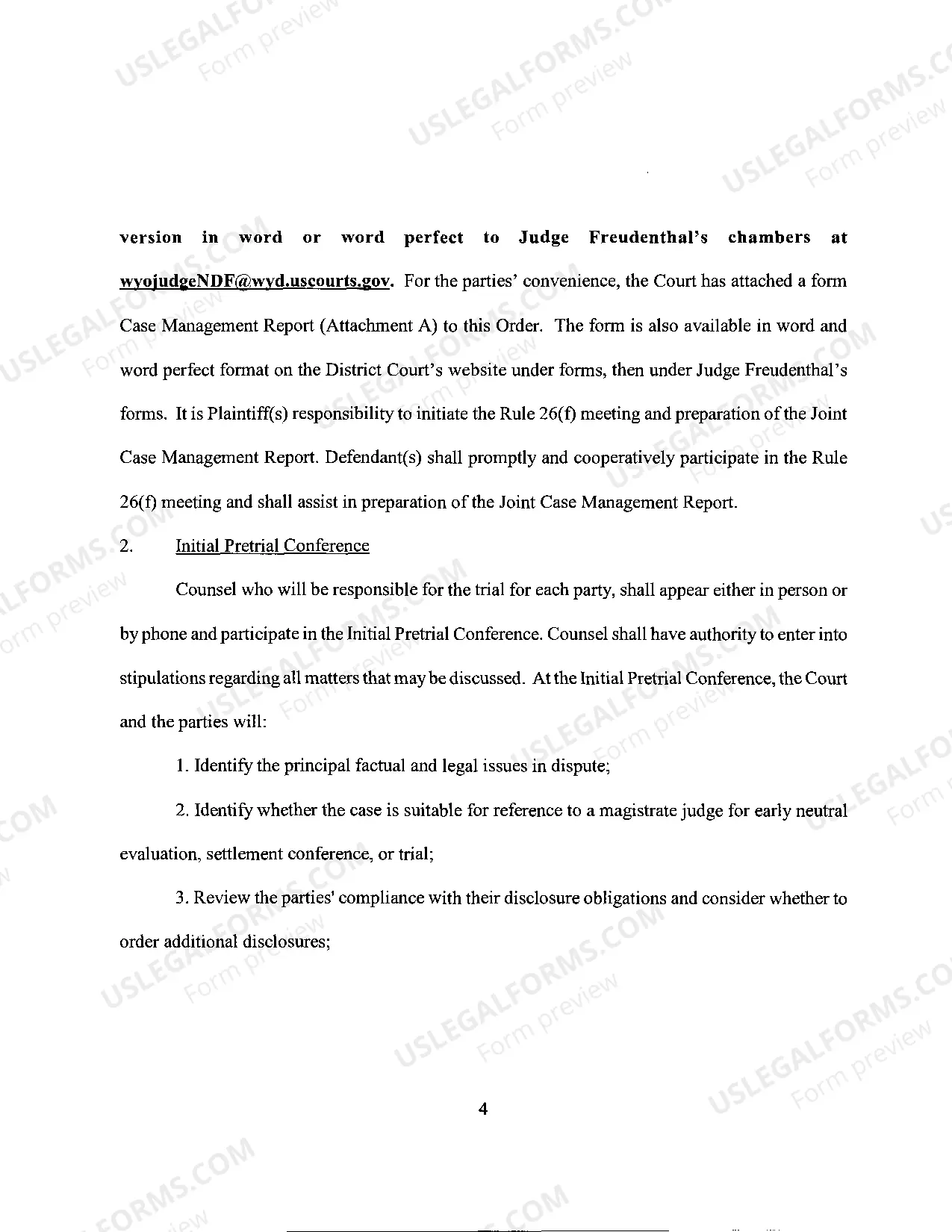 Preview GENERAL ORDER Setting Requirements for Initial PreTrial Conference for Cases Before the Honorable Nancy D. Freudenthal (adopted May 29, 2013)