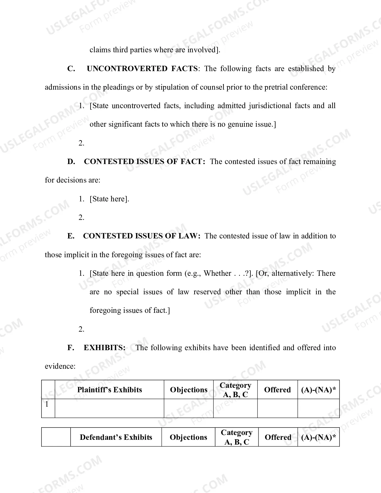 Preview Draft Form of Final PreTrial Order - Bench Trial (revised 5/11/2016)