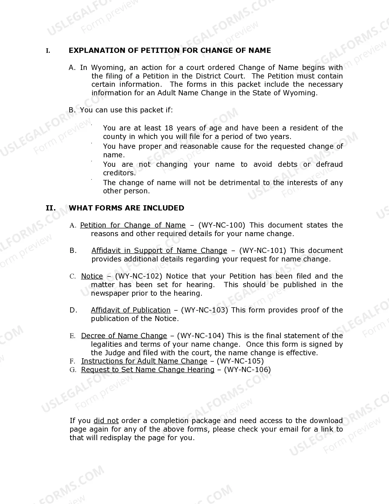 Preview Wyoming Name Change Instructions and Forms Package for an Adult