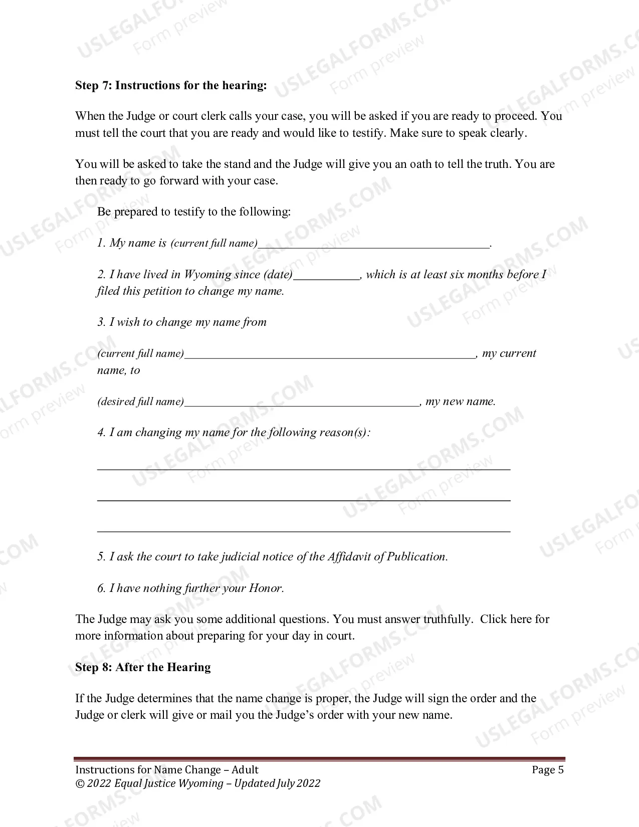 Preview Instructions for Adult Name Change