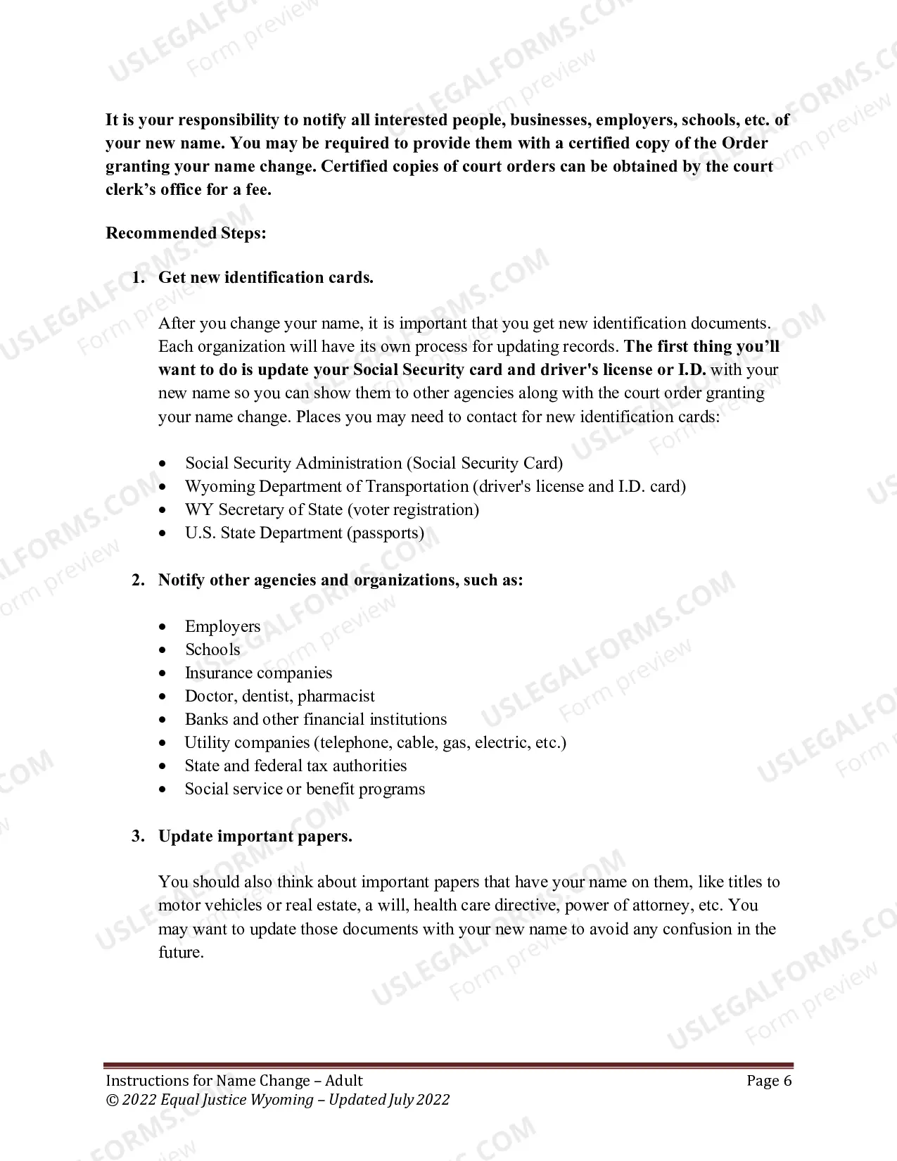 Preview Instructions for Adult Name Change