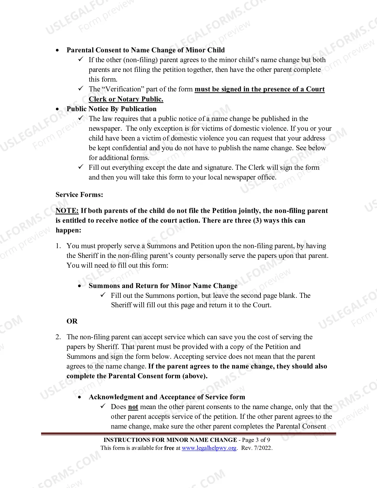 Preview Instructions for Minor Name Change