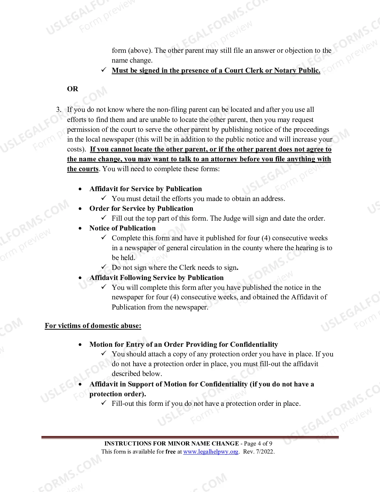 Preview Instructions for Minor Name Change