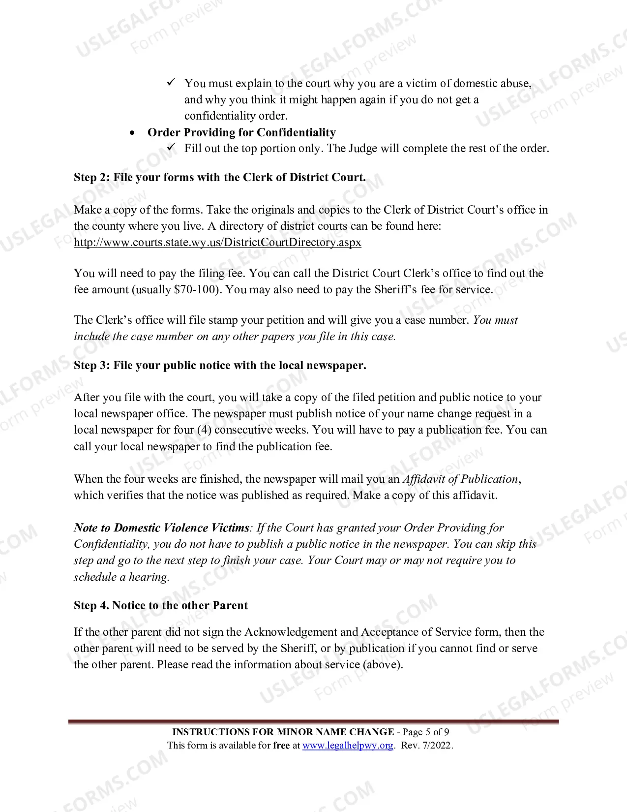 Preview Instructions for Minor Name Change