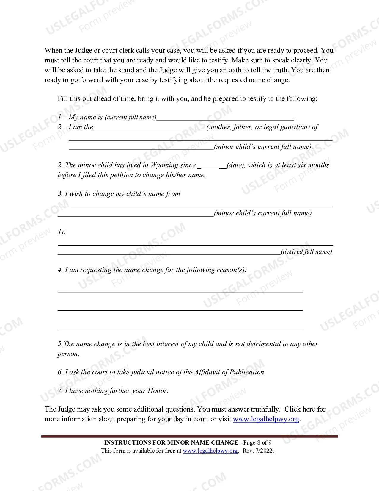 Preview Instructions for Minor Name Change