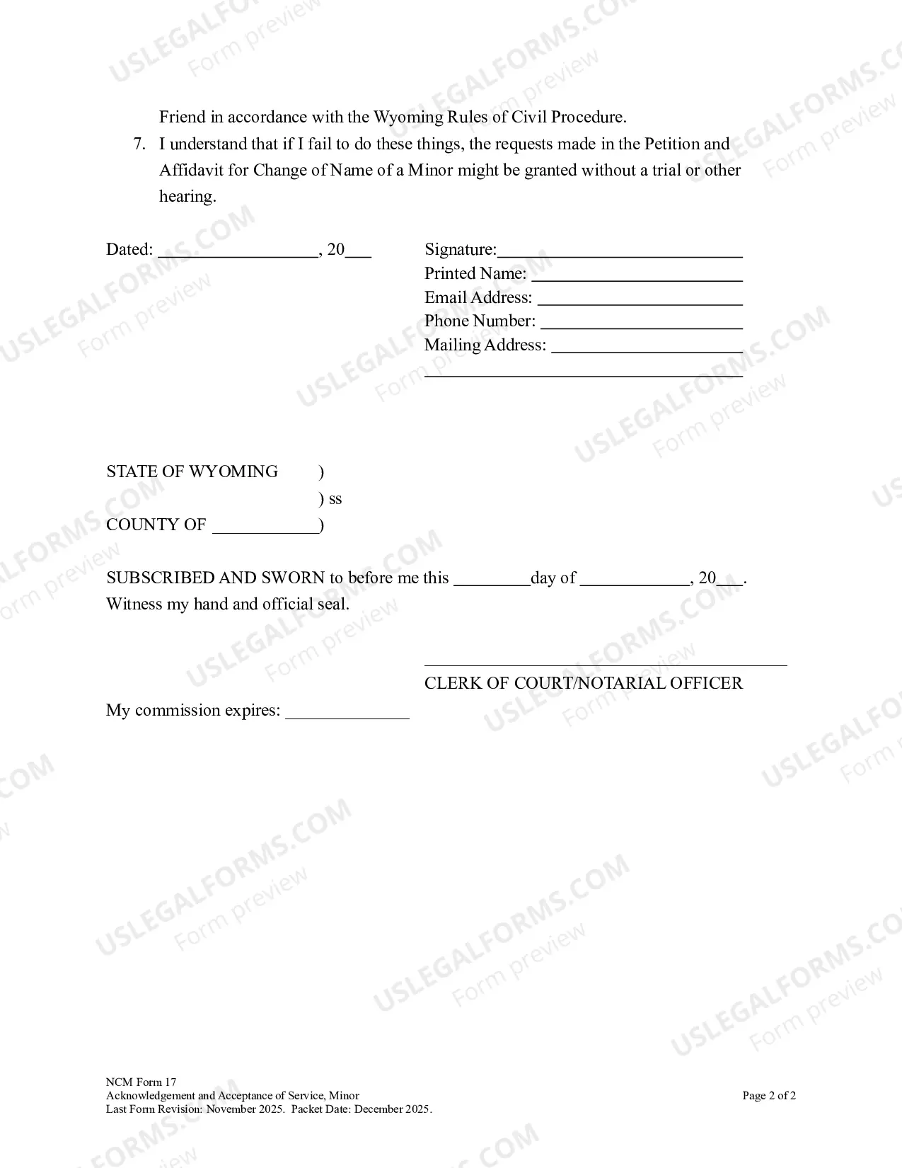 Preview Acknowledgment and Acceptance of Service - Name Change of Minor