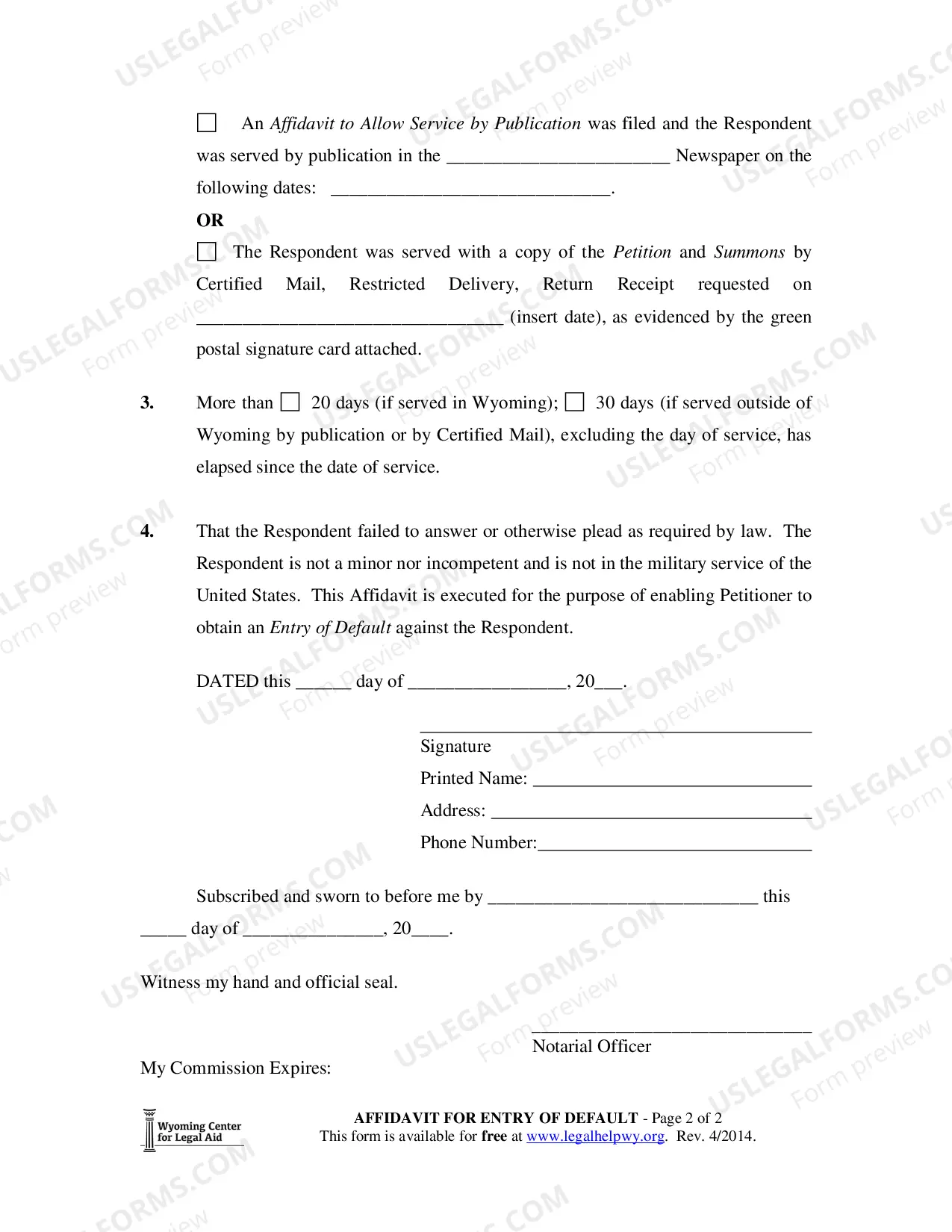 Preview Affidavit for Entry of Default - Minor Name Change