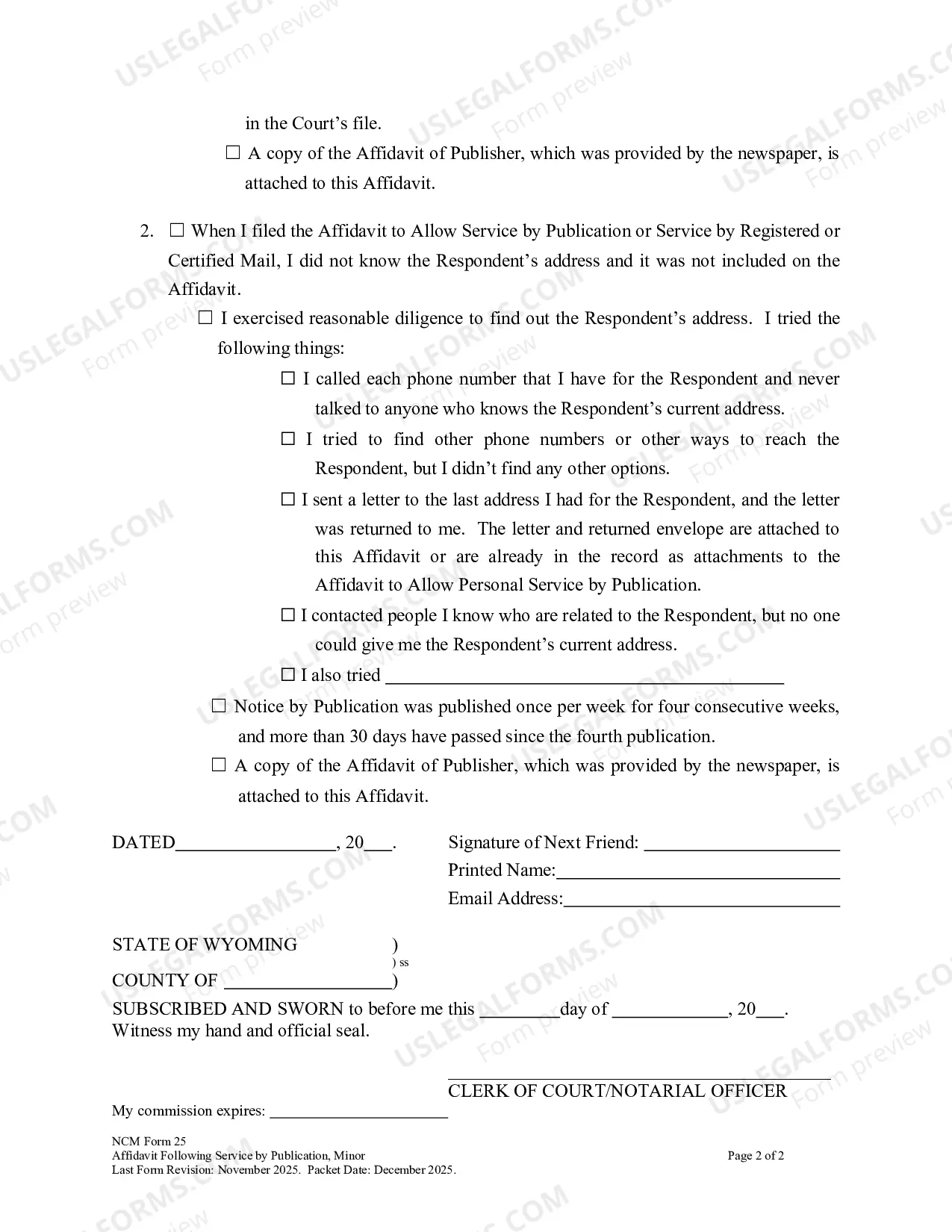 Preview Affidavit Following Service by Publication