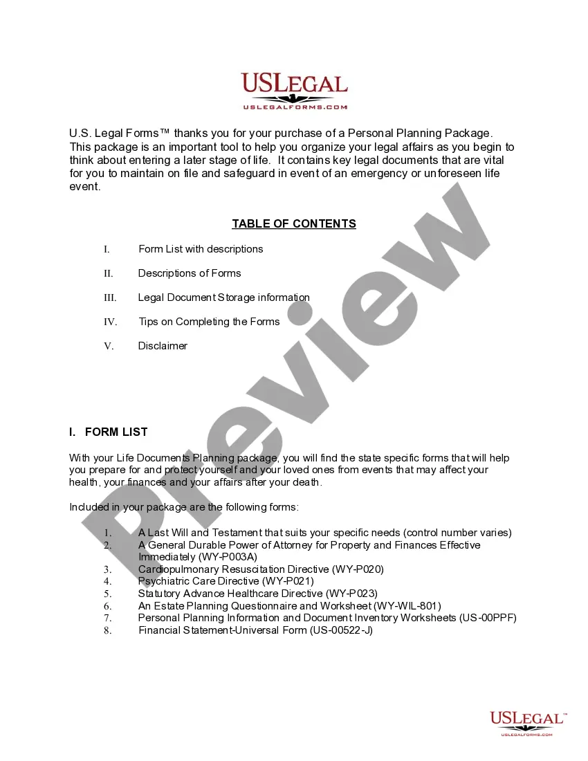 Get Wyoming Life Documents Planning Package, including Will, Power of Attorney and Living Will Preview Wyoming Life Documents Planning Package, including Will, Power of Attorney and Living Will