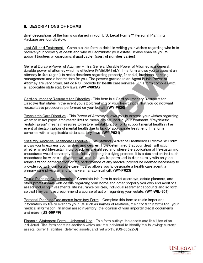 Get Wyoming Life Documents Planning Package, including Will, Power of Attorney and Living Will Preview Wyoming Life Documents Planning Package, including Will, Power of Attorney and Living Will