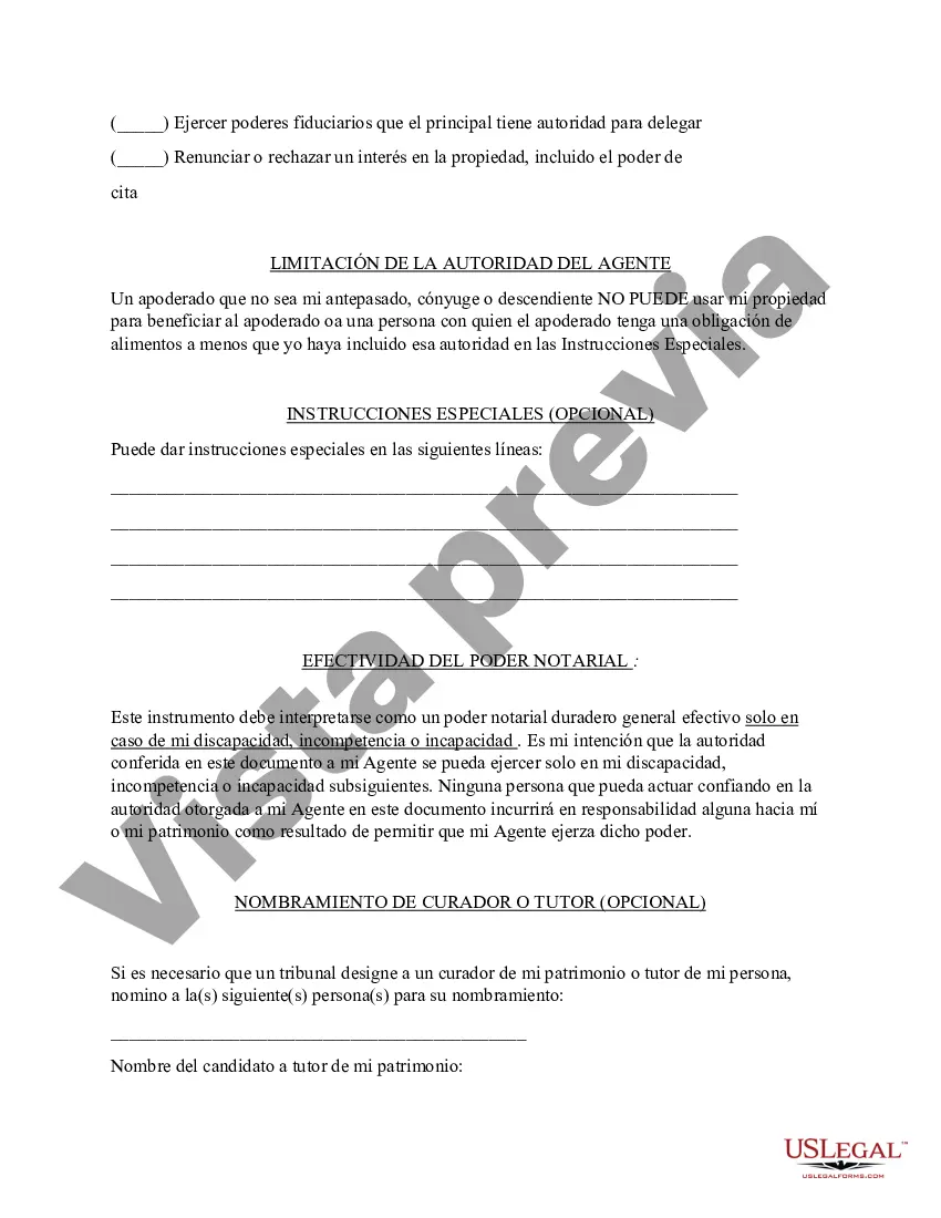 Preview Poder general duradero para la propiedad y las finanzas o efectivo financiero en caso de incapacidad