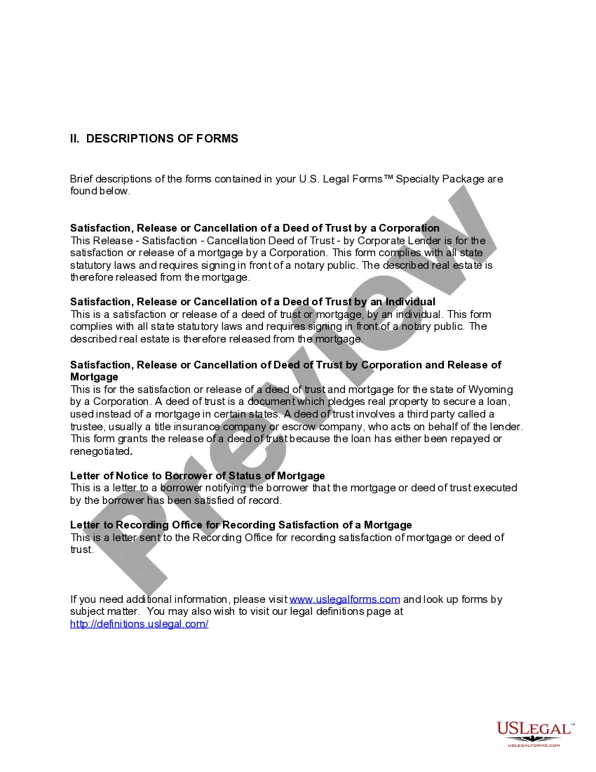 Preview Wyoming Satisfaction, Cancellation or Release of Mortgage Package