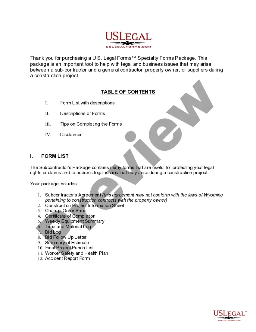 Preview Wyoming Subcontractors Package