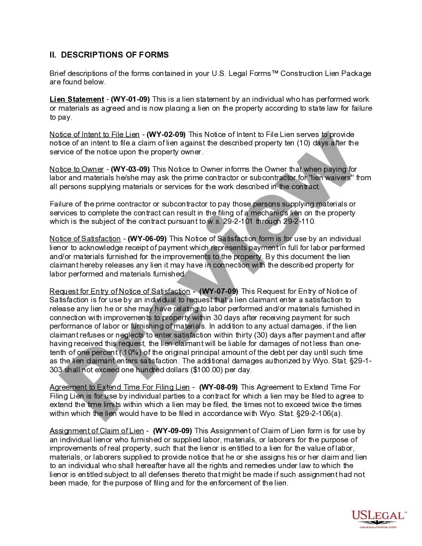 Preview Wyoming Construction or Mechanics Lien Package - Individual