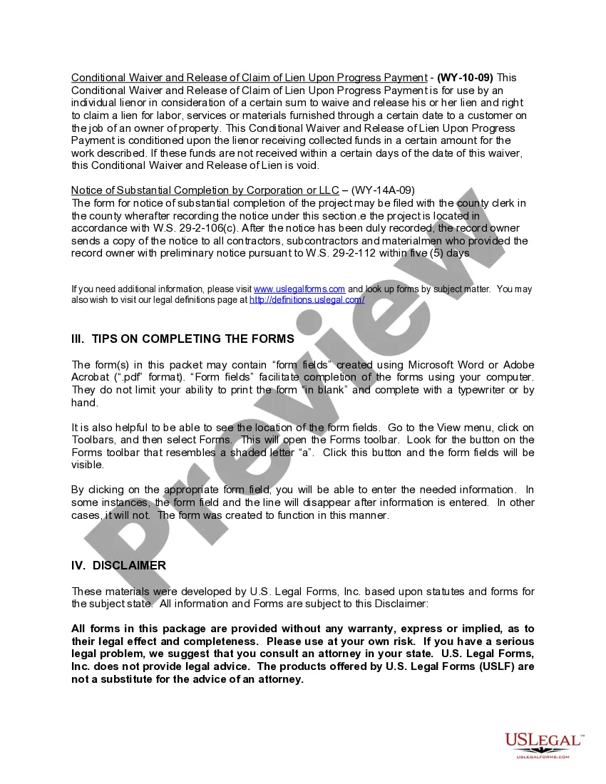 Preview Wyoming Construction or Mechanics Lien Package - Corporation or LLC