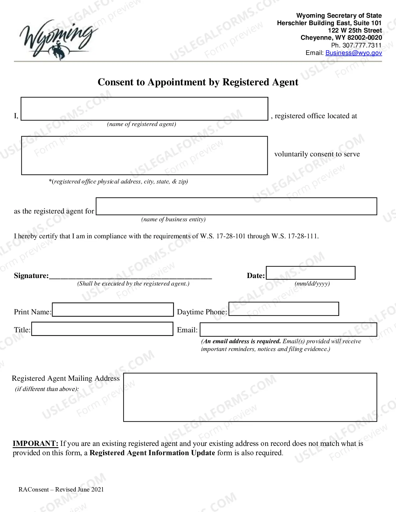 Preview Wyoming Registered Agent Forms - Change, Consent