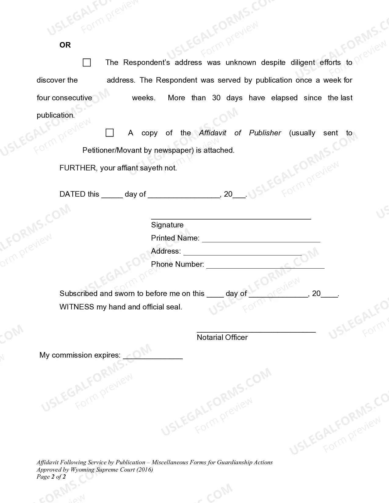 Preview Affidavit Following Service By Publication