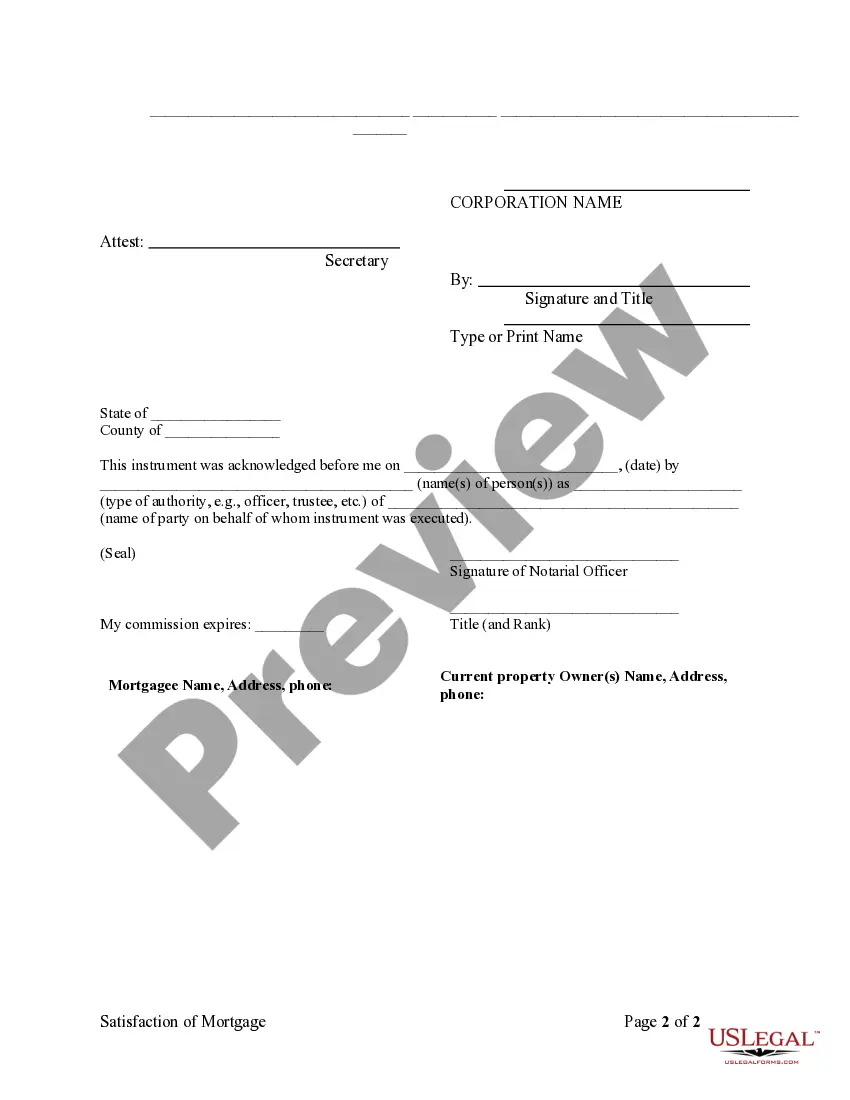 Preview Satisfaction, Release or Cancellation of Mortgage by Corporation