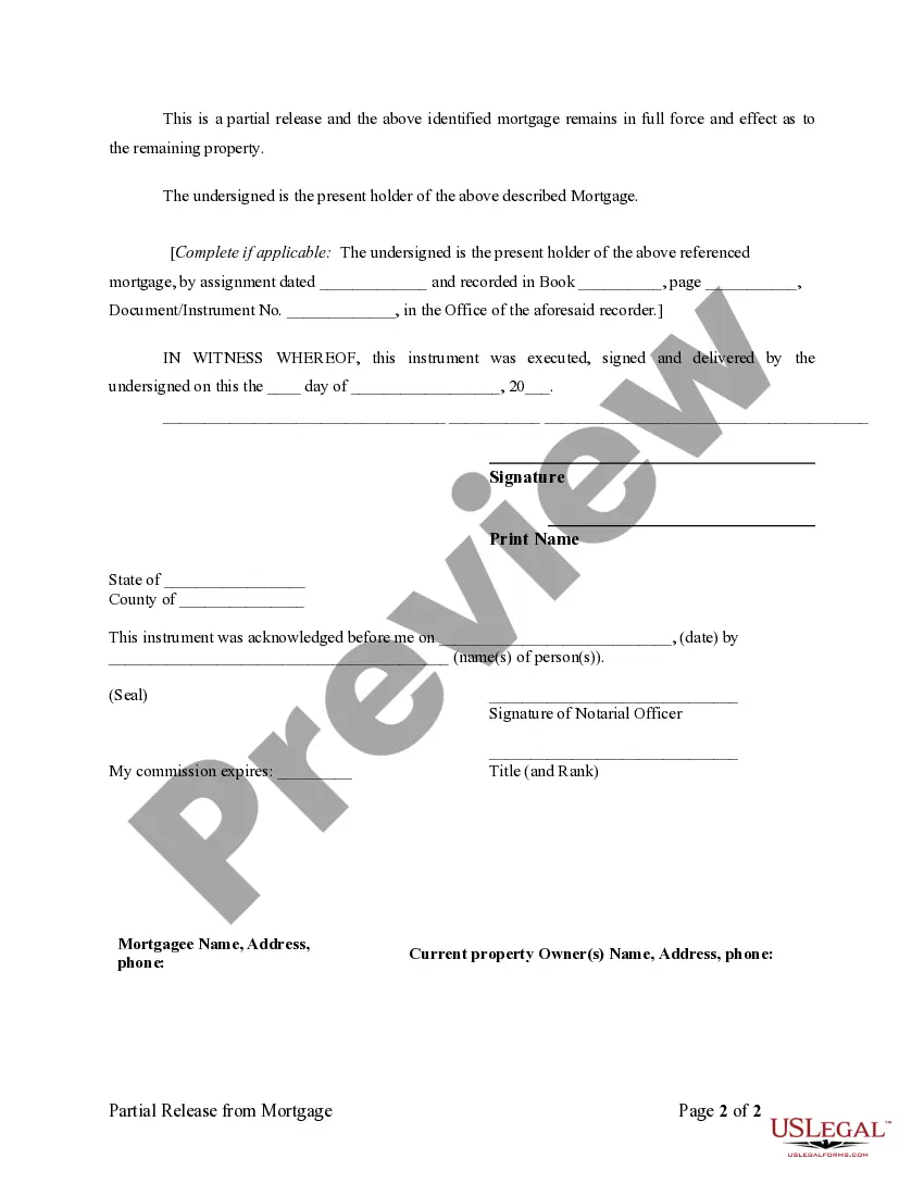 Preview Partial Release of Property From Mortgage by Individual Holder