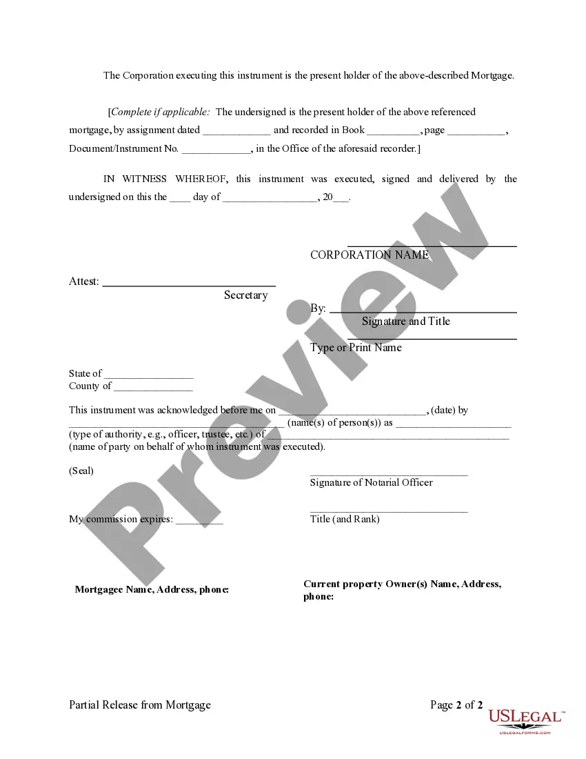 Preview Partial Release of Property From Mortgage for Corporation